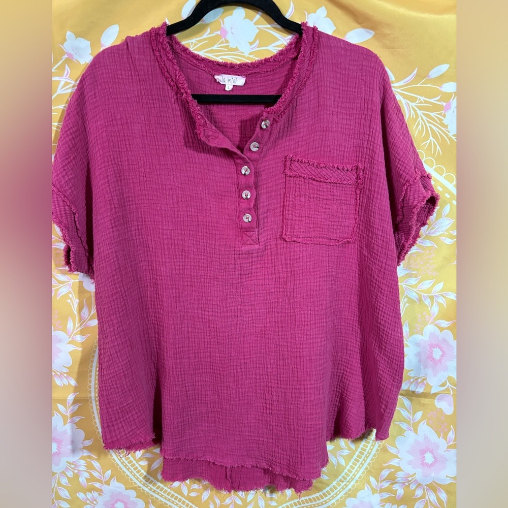 La Miel Soft Washed Crinkled Gauze Button Womens Shirt